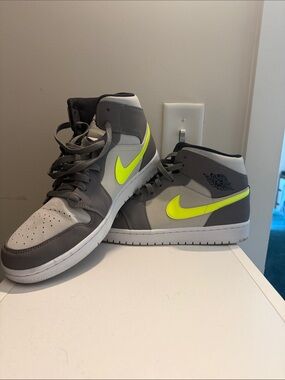 Nike Air Jordan 1 Mid Gray with Neon Yellow Swoosh
